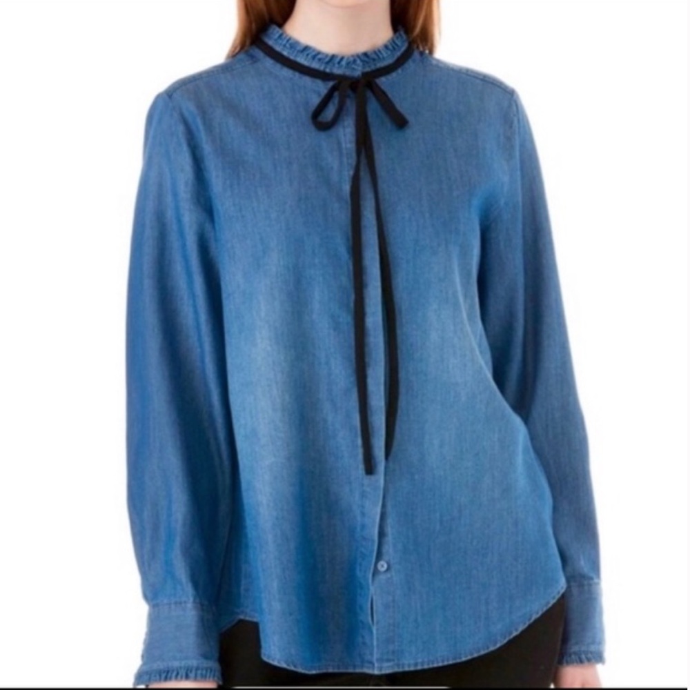 Kensie ruffle tie neck button down shirt Blue Denim women’s zise S long sleeve